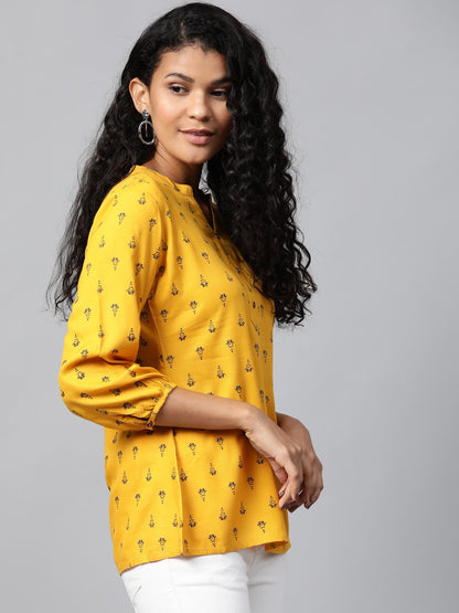 Mustard Yellow & Navy Blue Printed Tunic-Yufta Store-7551TOPMSXS