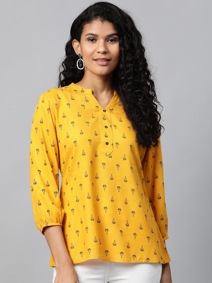 Mustard Yellow & Navy Blue Printed Tunic-Yufta Store-7551TOPMSXS