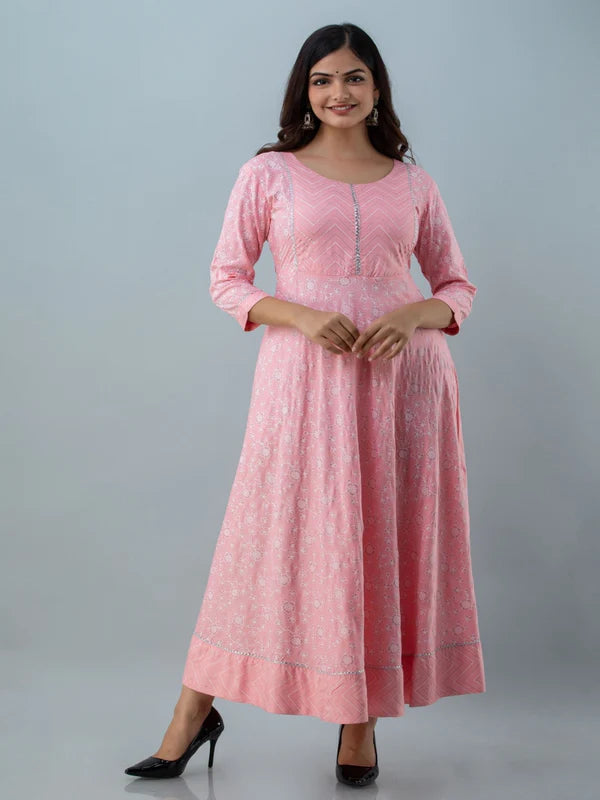 PRINTED FLARED ROUND NECK 3/4 SLEEVE ANKLE LENGTH VISCOSE RAYON KURTA