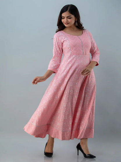 PRINTED FLARED ROUND NECK 3/4 SLEEVE ANKLE LENGTH VISCOSE RAYON KURTA