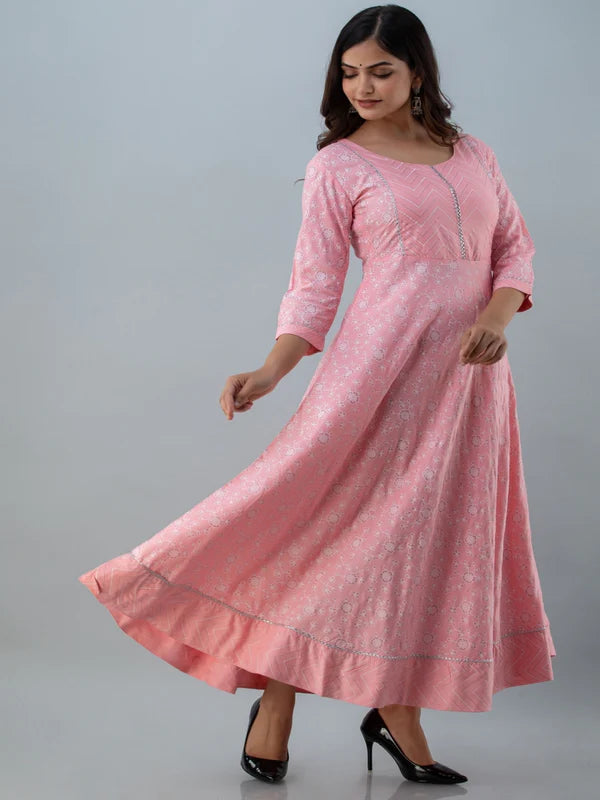 PRINTED FLARED ROUND NECK 3/4 SLEEVE ANKLE LENGTH VISCOSE RAYON KURTA