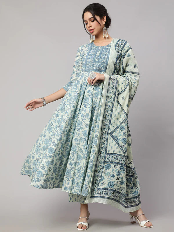 FLORAL COTTON PRINTED EMBROIDERED ANARKALI SET WITH DUPATTA