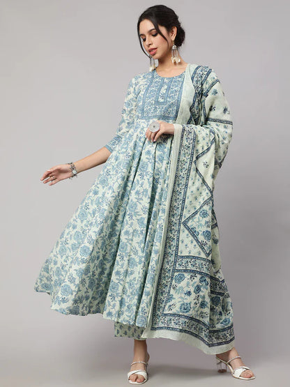 FLORAL COTTON PRINTED EMBROIDERED ANARKALI SET WITH DUPATTA