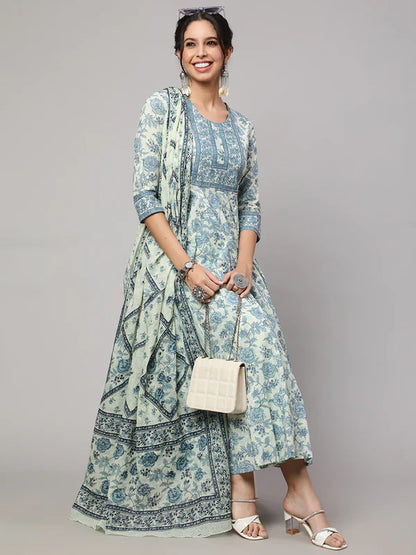 FLORAL COTTON PRINTED EMBROIDERED ANARKALI SET WITH DUPATTA