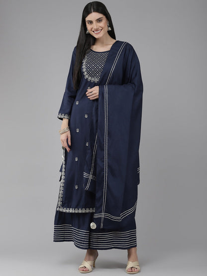 Navy Blue Embroidered Dupatta Set-Yufta Store-9893SKDBLS