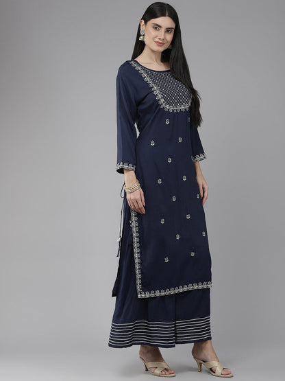 Navy Blue Embroidered Dupatta Set-Yufta Store-9893SKDBLS