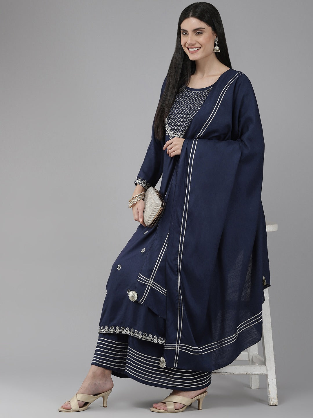 Navy Blue Embroidered Dupatta Set-Yufta Store-9893SKDBLS