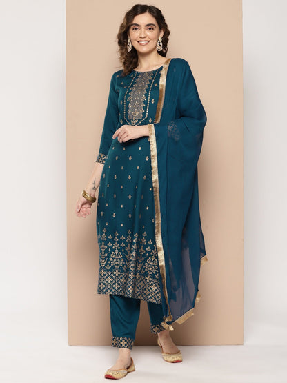 Navy Blue Ethnic Motifs Embroidered Regular Sequinned Kurta With Trousers & Dupatta-Yufta Store-9862SKDBLS