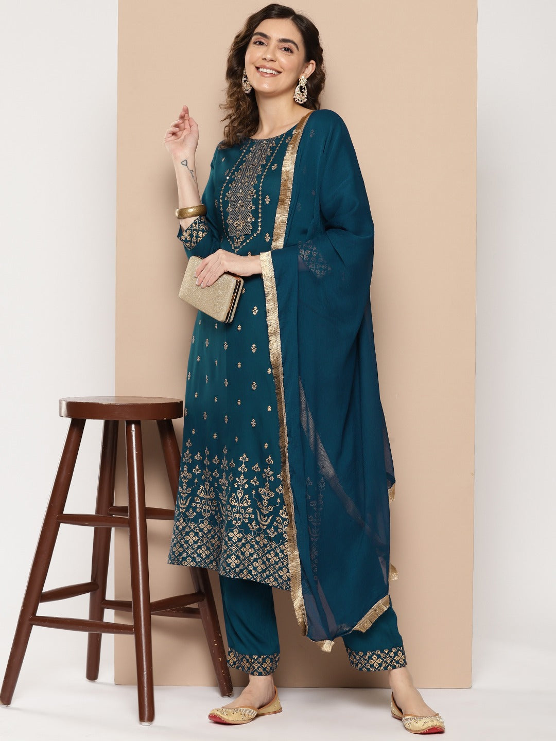 Navy Blue Ethnic Motifs Embroidered Regular Sequinned Kurta With Trousers & Dupatta-Yufta Store-9862SKDBLS