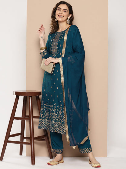 Navy Blue Ethnic Motifs Embroidered Regular Sequinned Kurta With Trousers & Dupatta-Yufta Store-9862SKDBLS