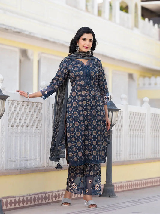 Navy Blue Ethnic Motifs Pakistani Style Kurta Trouser And Dupatta Set-Yufta Store-6888SKDNBM