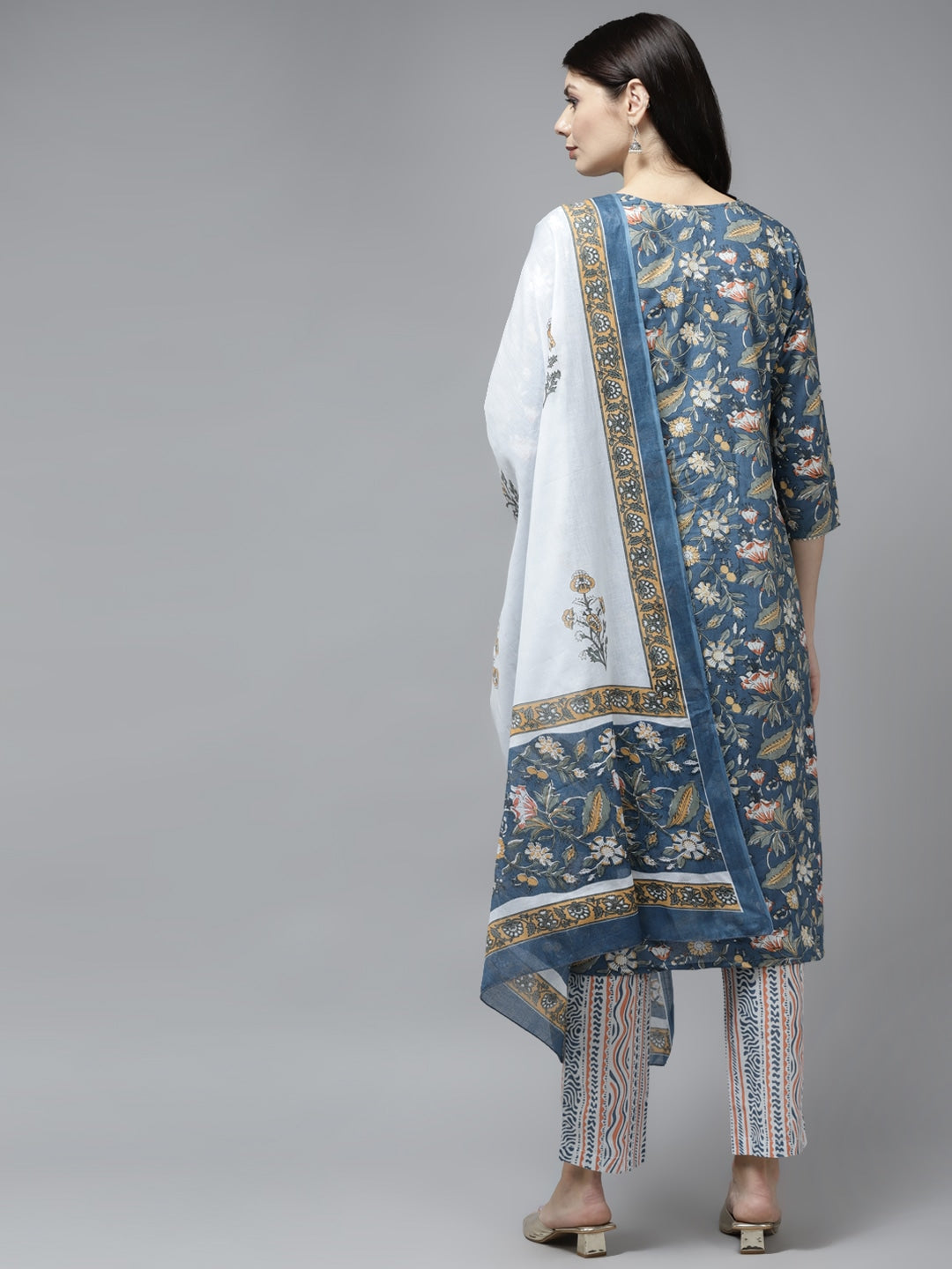 Navy Blue Ethnic Motifs Printed Dupatta Set-Yufta Store-9789SKDBLS