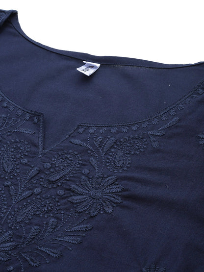 Navy Blue Floral Chikankari Embroidered Pure Cotton Top-Yufta Store-1861TOPBLS