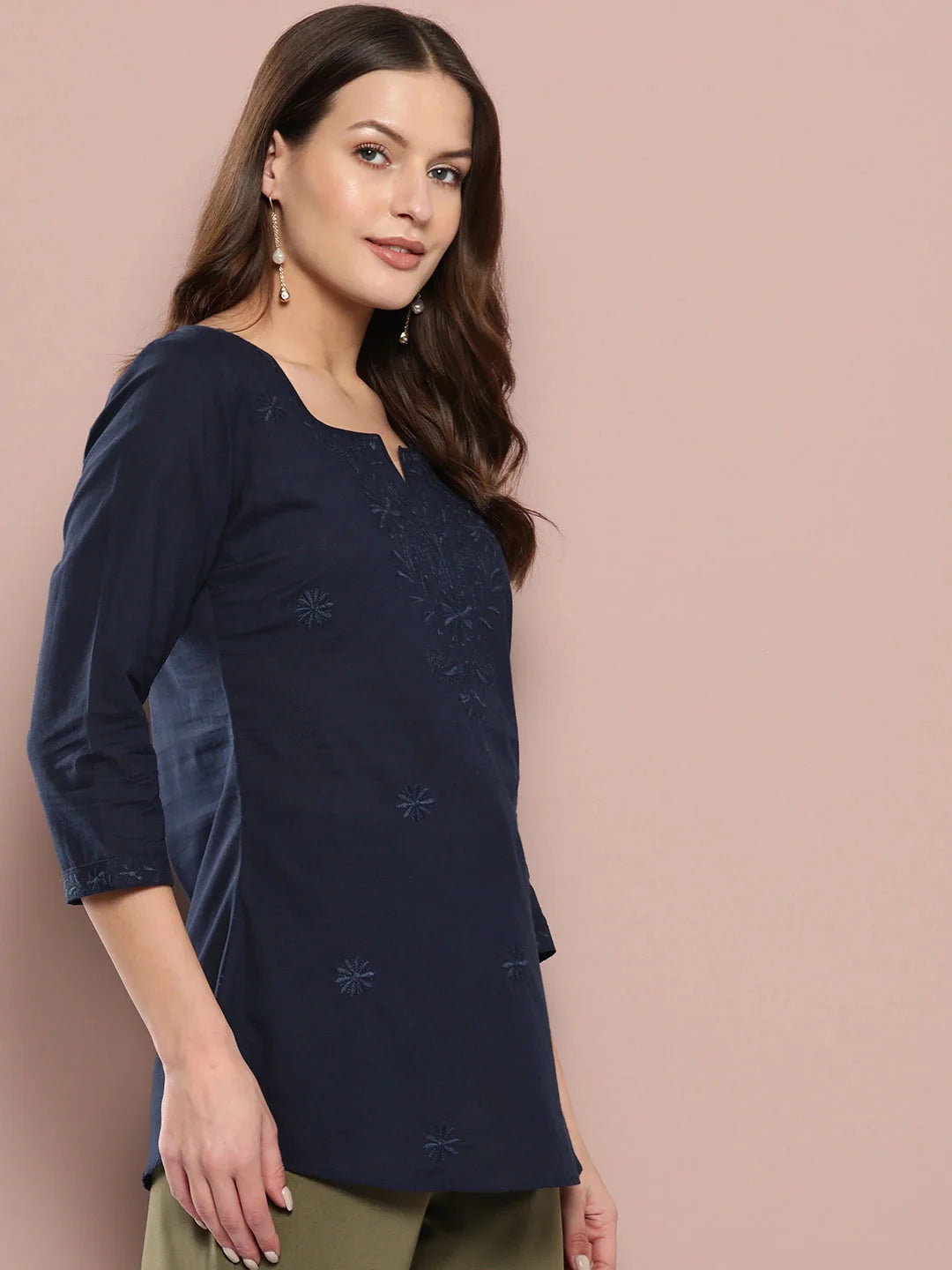 Navy Blue Floral Chikankari Embroidered Pure Cotton Top-Yufta Store-1861TOPBLS