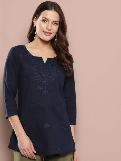 Navy Blue Floral Chikankari Embroidered Pure Cotton Top-Yufta Store-1861TOPBLS