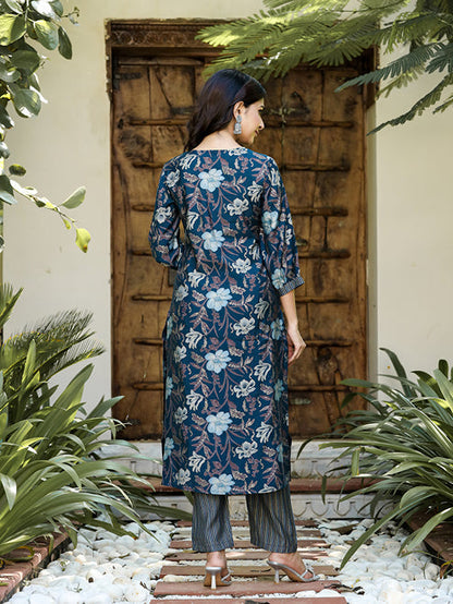 Navy Blue Floral Printed Regular Chanderi Silk Kurta with Trousers & With Dupatta-Yufta Store-1619SKDNBS