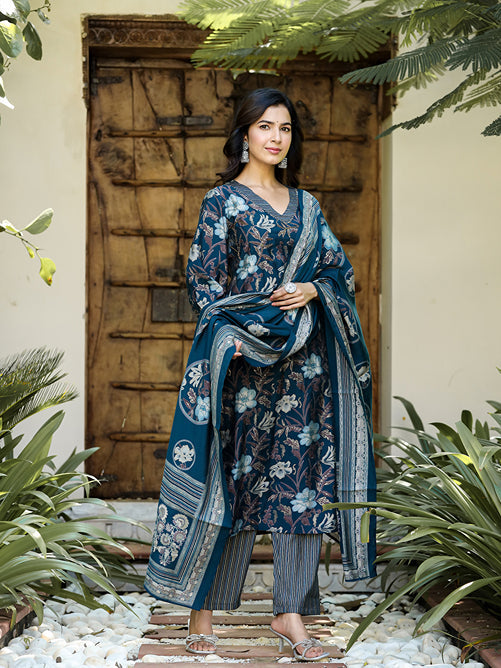 Navy Blue Floral Printed Regular Chanderi Silk Kurta with Trousers & With Dupatta-Yufta Store-1619SKDNBS