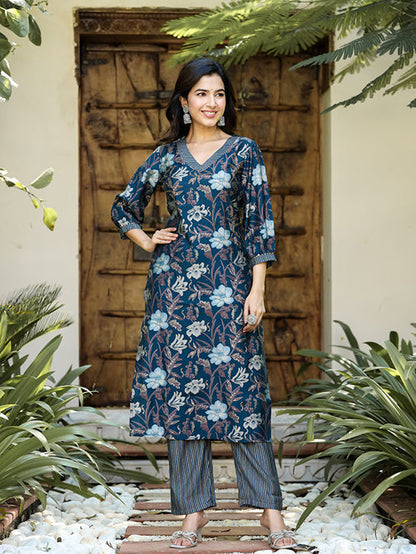 Navy Blue Floral Printed Regular Chanderi Silk Kurta with Trousers & With Dupatta-Yufta Store-1619SKDNBS