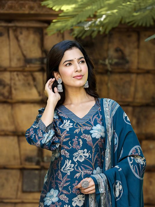 Navy Blue Floral Printed Regular Chanderi Silk Kurta with Trousers & With Dupatta-Yufta Store-1619SKDNBS