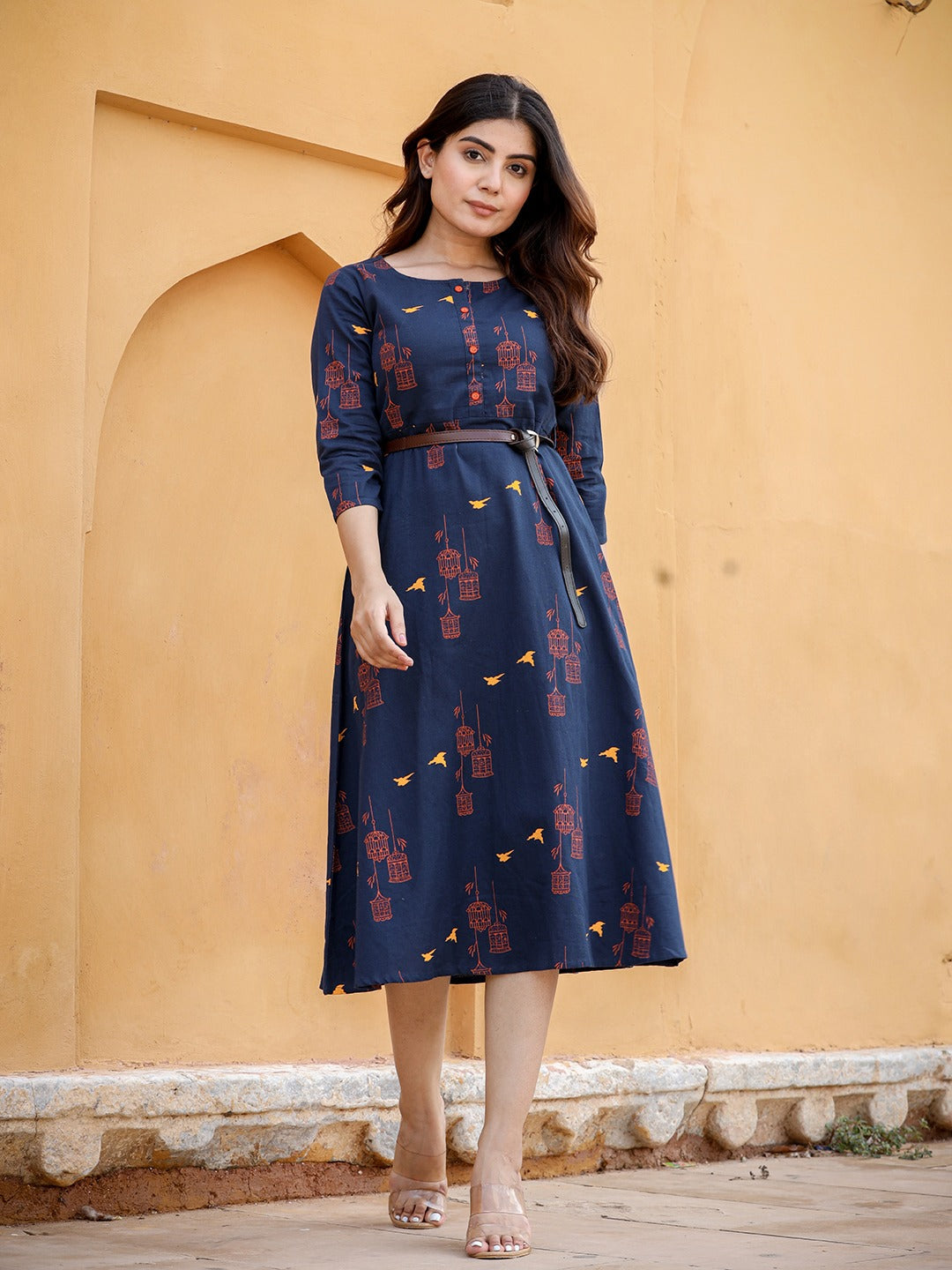 Navy Blue & Orange Printed Kurta-Yufta Store-2639DRSNBS