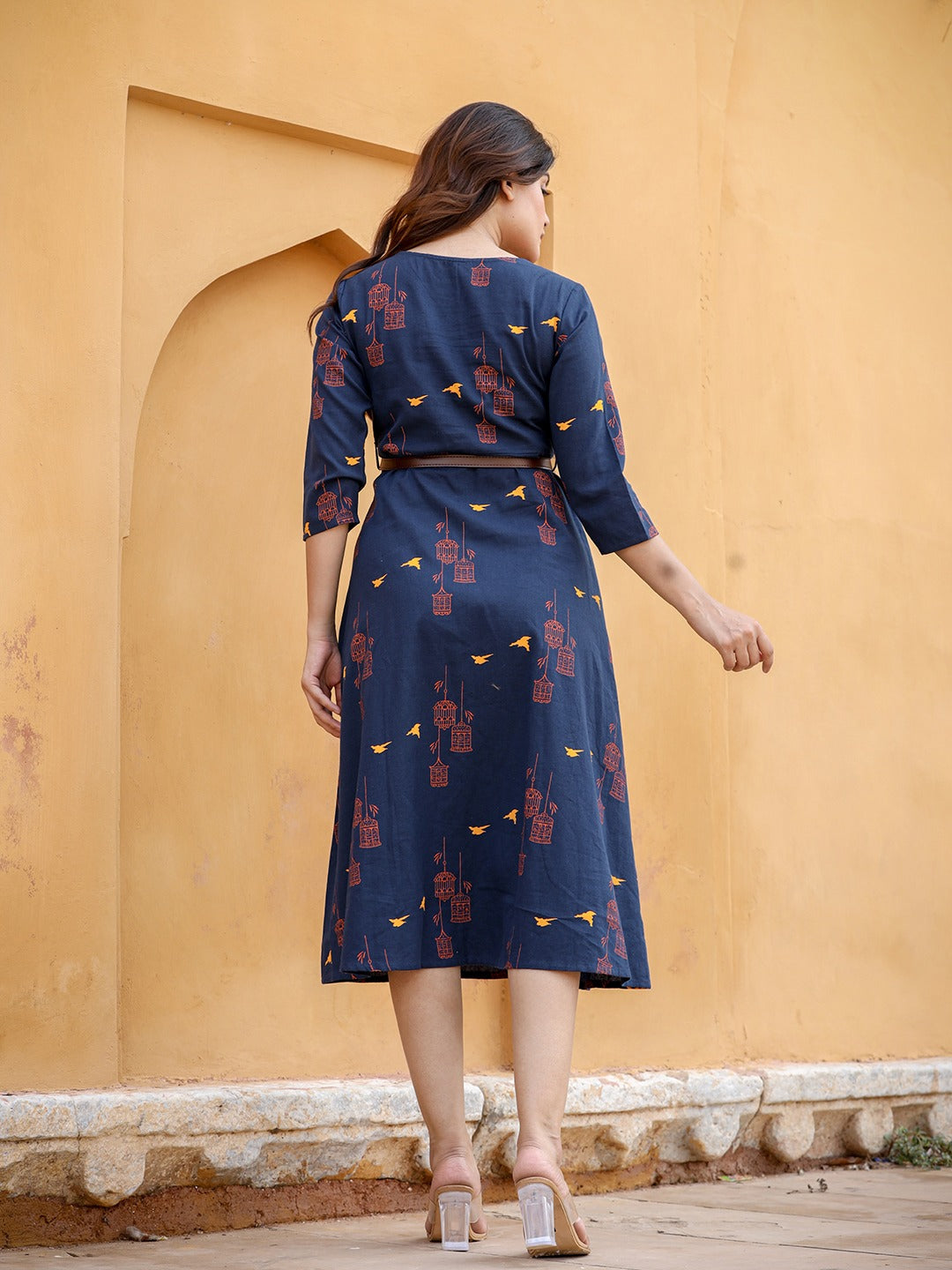 Navy Blue & Orange Printed Kurta-Yufta Store-2639DRSNBS