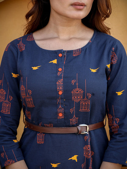 Navy Blue & Orange Printed Kurta-Yufta Store-2639DRSNBS