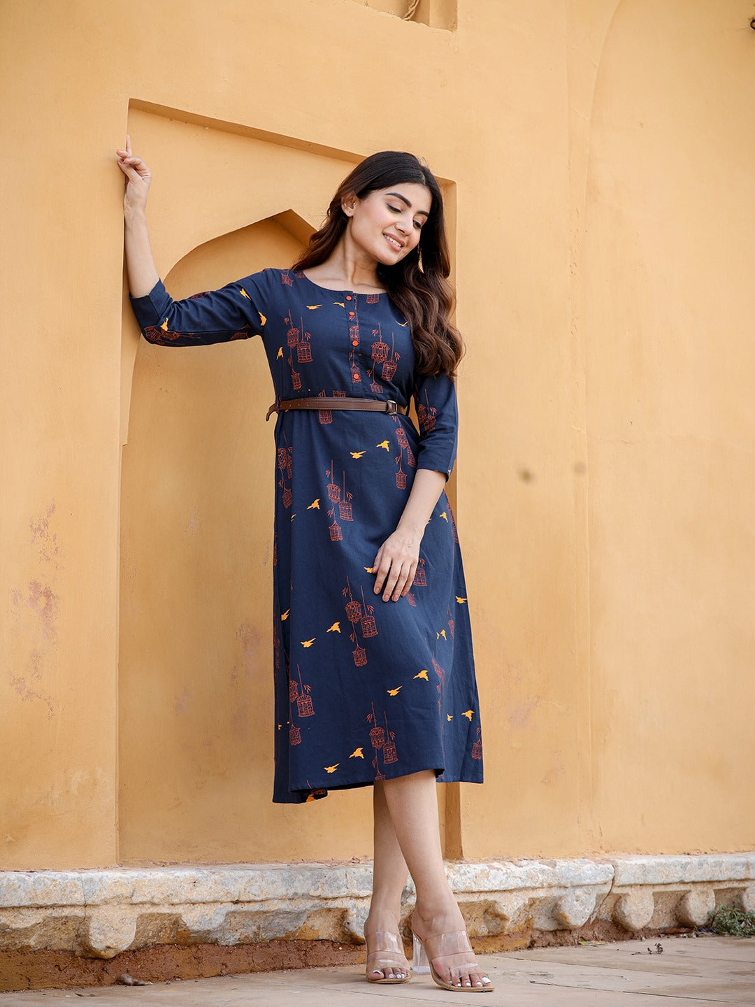 Navy Blue & Orange Printed Kurta-Yufta Store-2639DRSNBS