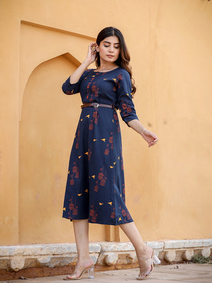 Navy Blue & Orange Printed Kurta-Yufta Store-2639DRSNBS