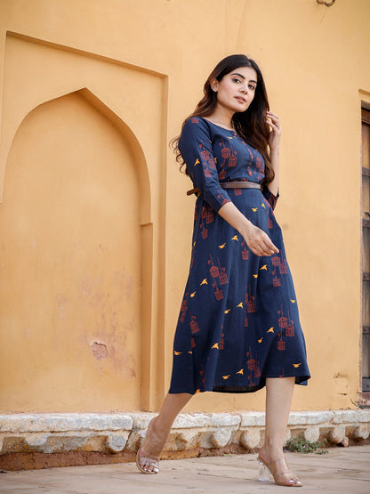 Navy Blue & Orange Printed Kurta-Yufta Store-2639DRSNBS