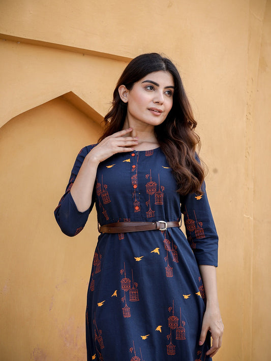 Navy Blue & Orange Printed Kurta-Yufta Store-2639DRSNBS