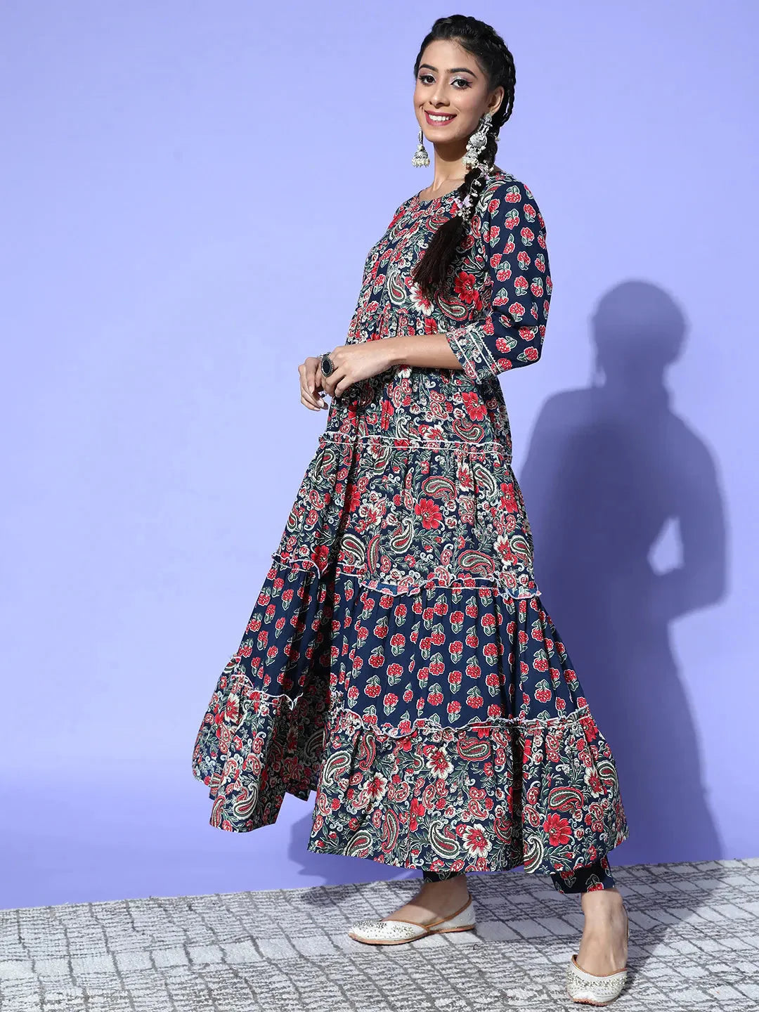 Navy Blue Printed Cotton Dupatta Set-Yufta Store-8118SKDBLS