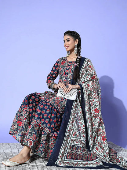 Navy Blue Printed Cotton Dupatta Set-Yufta Store-8118SKDBLS