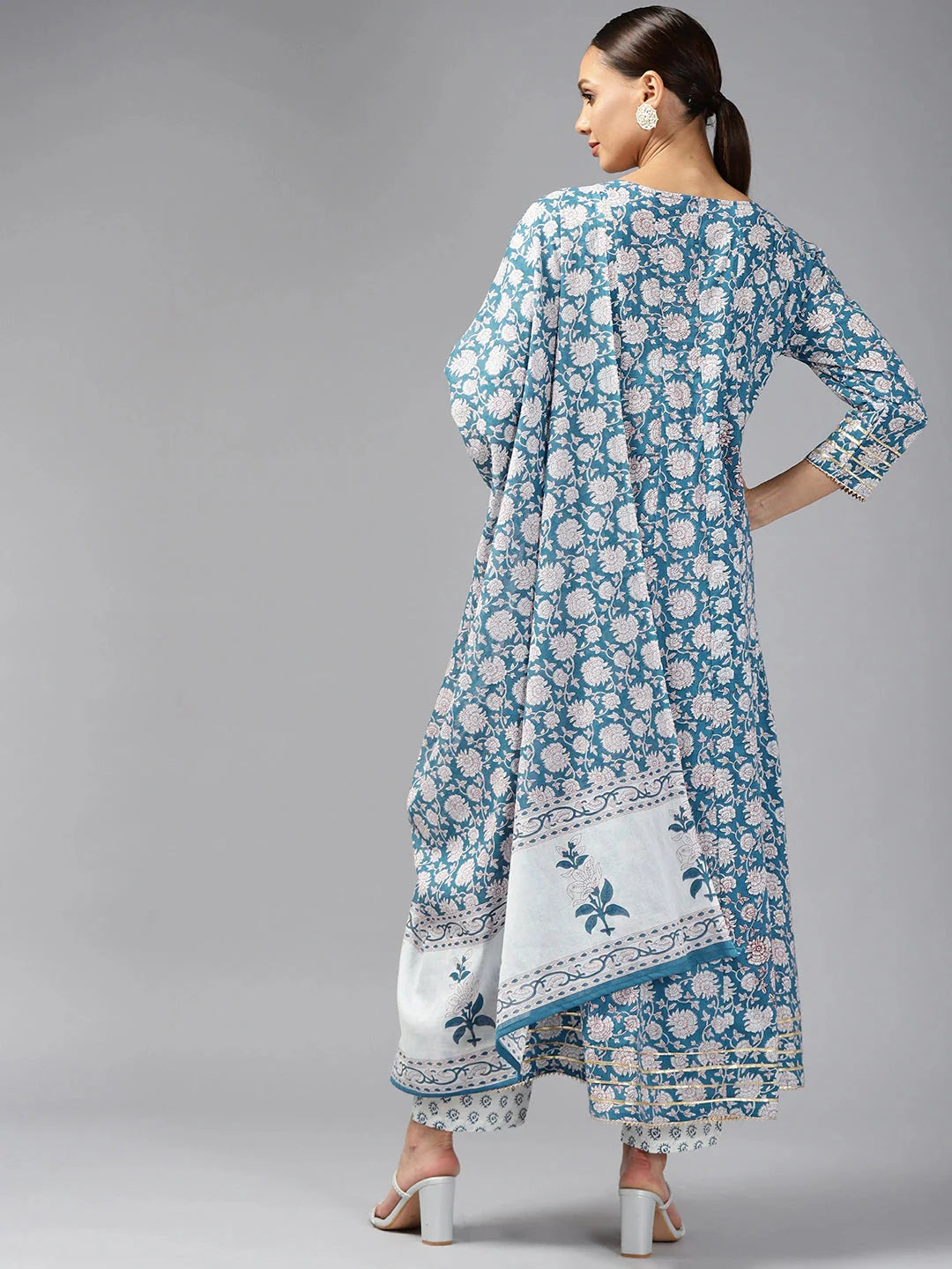 Navy Blue Printed Cotton Dupatta Set-Yufta Store-9768SKDBLS