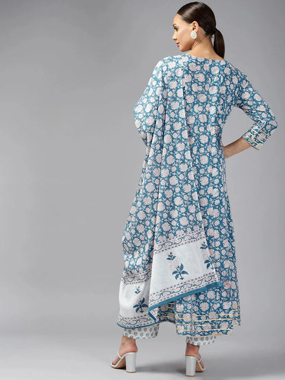 Navy Blue Printed Cotton Dupatta Set-Yufta Store-9768SKDBLS