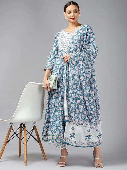 Navy Blue Printed Cotton Dupatta Set-Yufta Store-9768SKDBLS