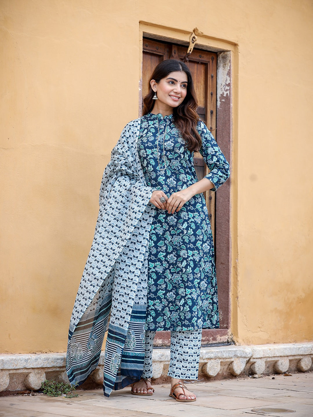 Navy Blue Printed Cotton Dupatta Set-Yufta Store-9846SKDNBS