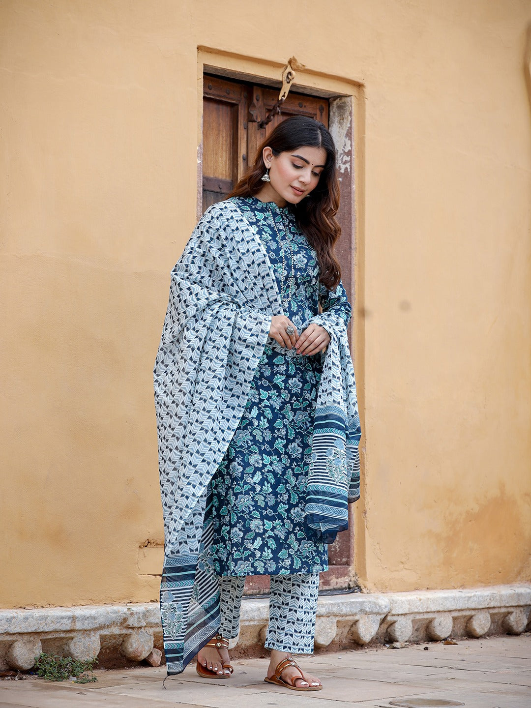 Navy Blue Printed Cotton Dupatta Set-Yufta Store-9846SKDNBS