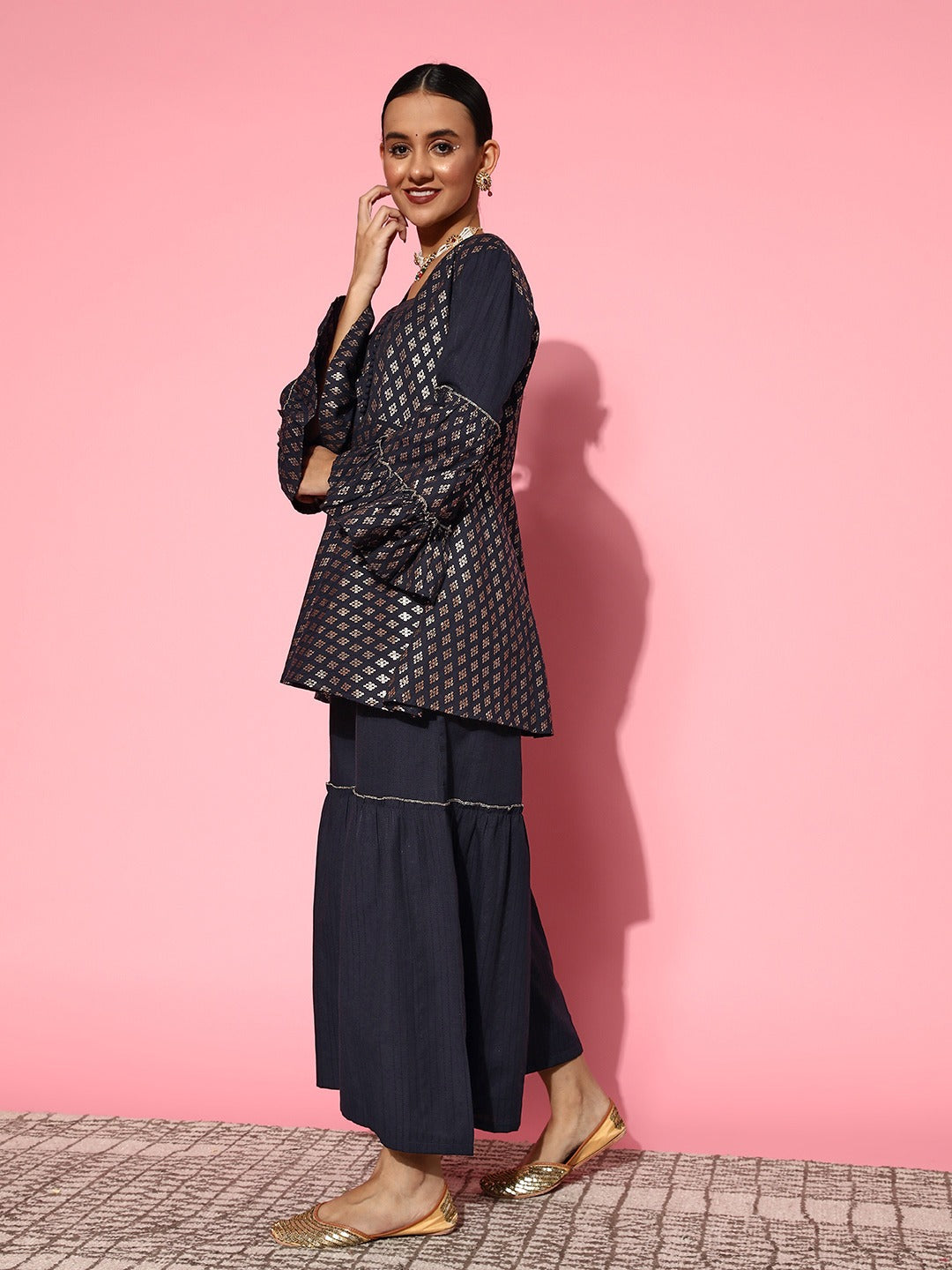 Navy Blue Printed Kurta & Sharara-Yufta Store-8114CRDNBXS