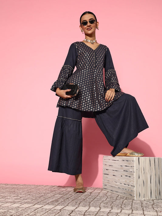 Navy Blue Printed Kurta & Sharara-Yufta Store-8114CRDNBXS