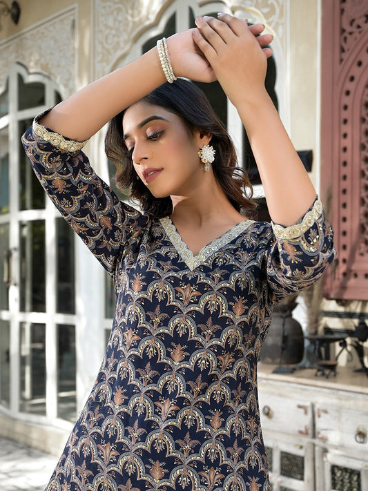 Navy Blue Printed Zari_Work Kurta Trouser Set-Yufta Store-1717SETNBS