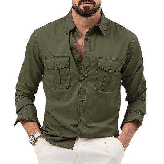 Men's Multi-pocket Solid Color Casual Long Sleeves Top