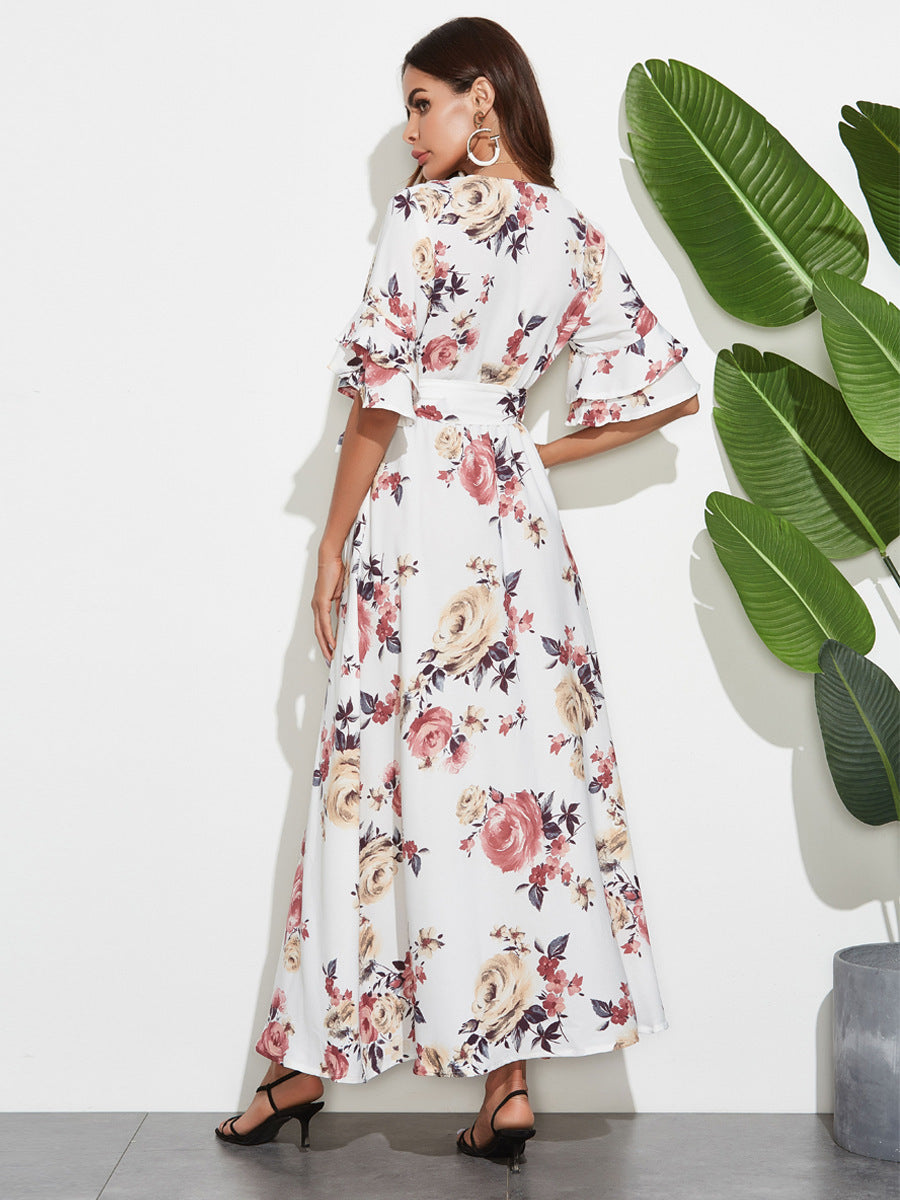 Printed V-neck Large Swing Dress