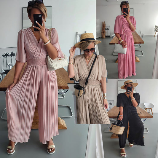 Four Seasons Home Fashion Pleated V-neck Leisure Vacation Wide-leg Pants Jumpsuit