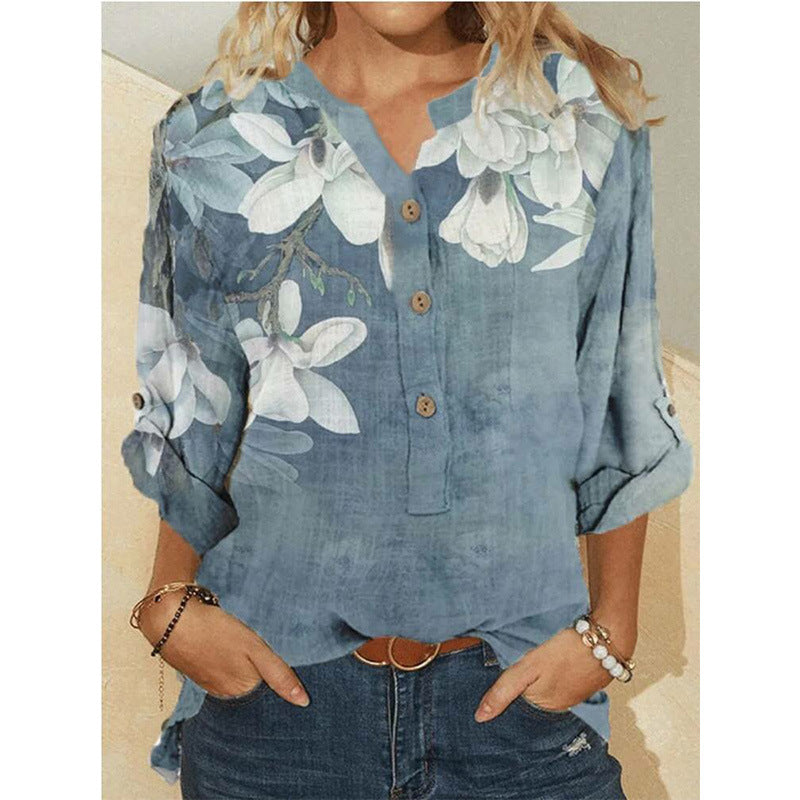 Female Flower Print Long Sleeve Shirt Top