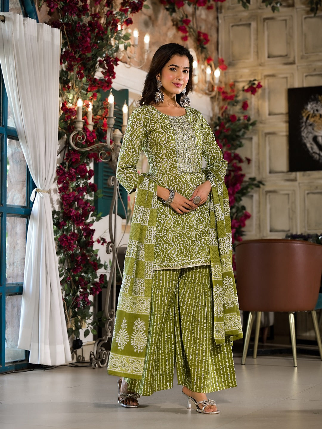 Olive Green Ethnic Motifs Zari_Work Kurta Sharara With Dupatta Set-Yufta Store-1726SKDGRS