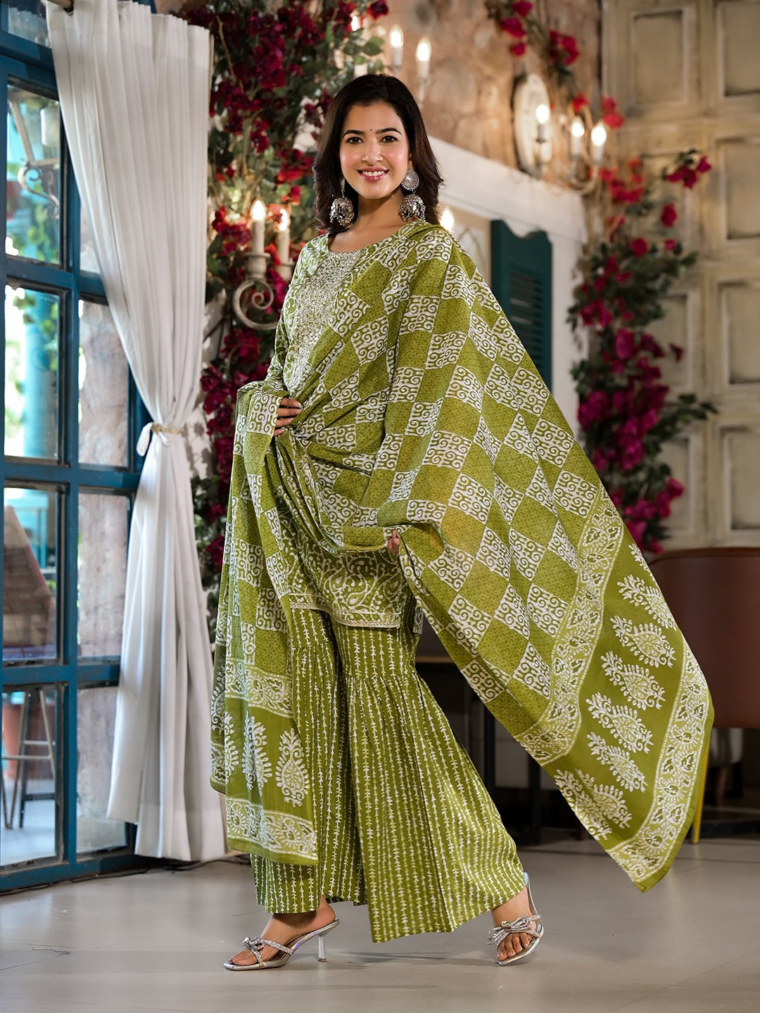 Olive Green Ethnic Motifs Zari_Work Kurta Sharara With Dupatta Set-Yufta Store-1726SKDGRS