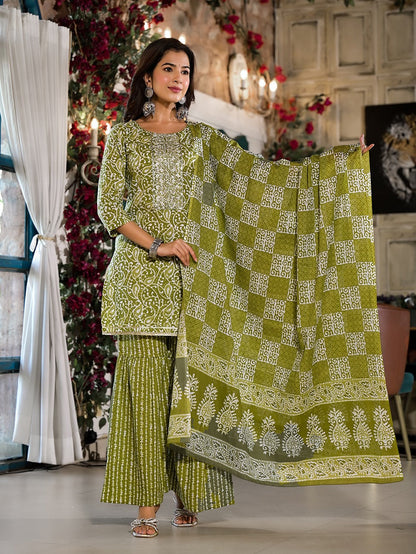 Olive Green Ethnic Motifs Zari_Work Kurta Sharara With Dupatta Set-Yufta Store-1726SKDGRS