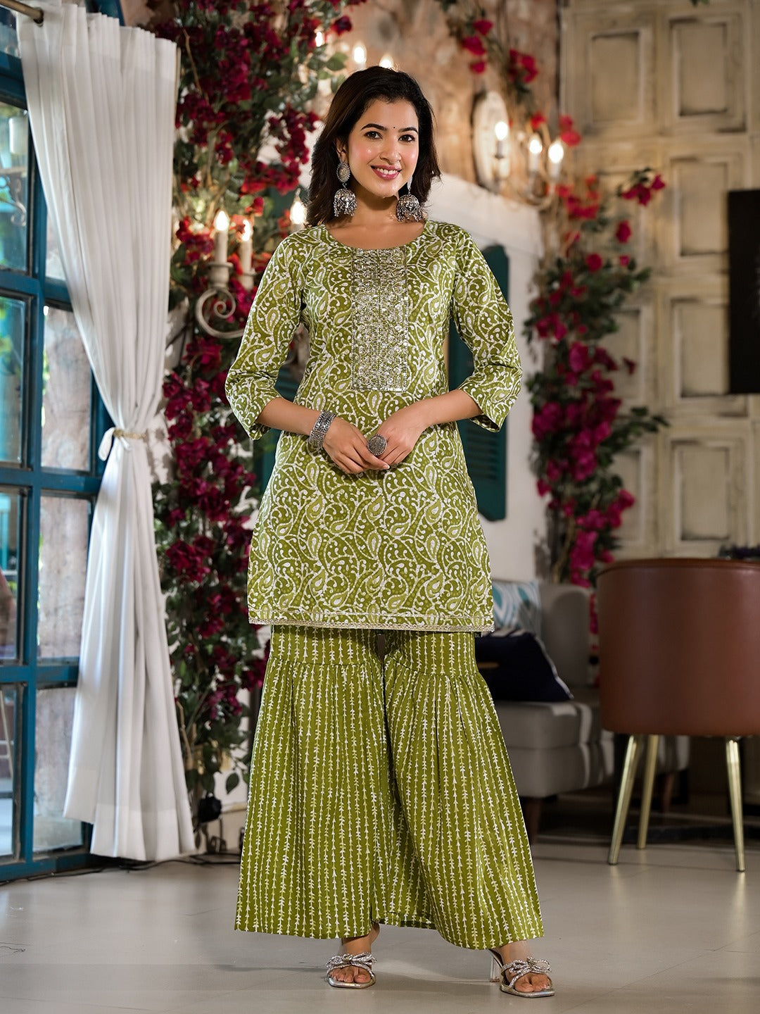 Olive Green Ethnic Motifs Zari_Work Kurta Sharara With Dupatta Set-Yufta Store-1726SKDGRS