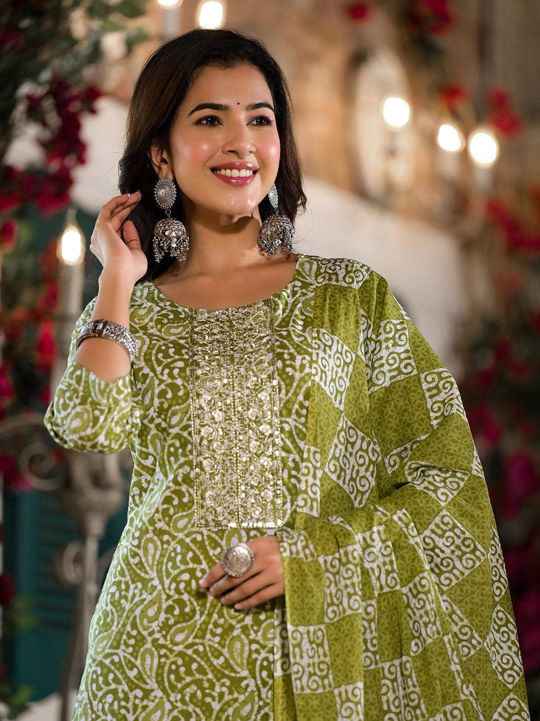 Olive Green Ethnic Motifs Zari_Work Kurta Sharara With Dupatta Set-Yufta Store-1726SKDGRS