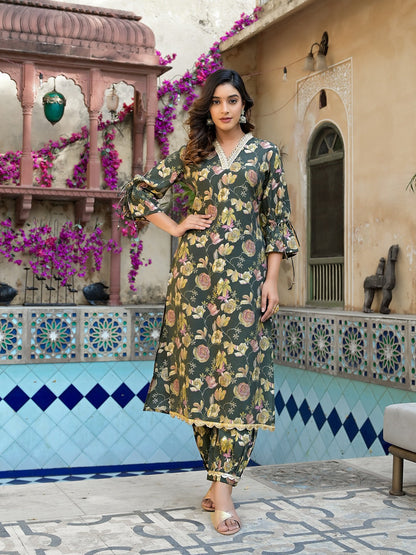 Olive Green Floral Print Straight Kurta Trouser Set-Yufta Store-1885SETGRS